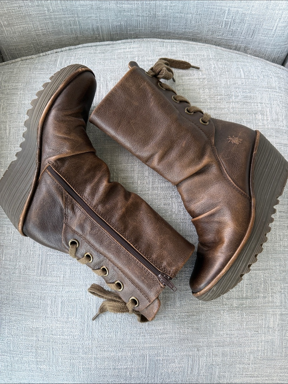 Fly London Yada Brown Leather Tie Back Wedge Calf Boots Women's EU 39 US 8/8.5 - Picture 3 of 11